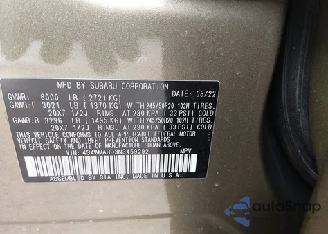 2022 Subaru Ascent Touring z USA, uszkodzony, nr VIN 4S4WMARD3N3459292